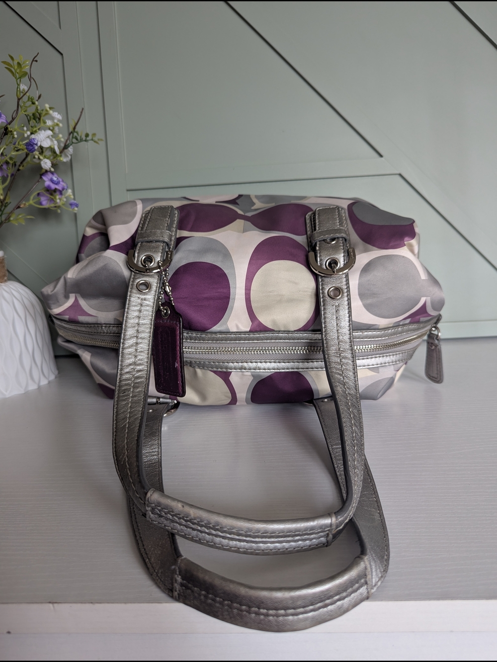 Coach Purple Signature Canvas Satchel with Silver Leather Trim - Picture 7 of 10